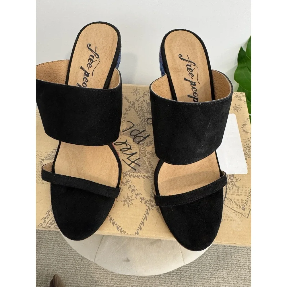 Free‎ People Women's Glorieta Black Suede Espadrille Rainbow Wedge Sz 38 NIB